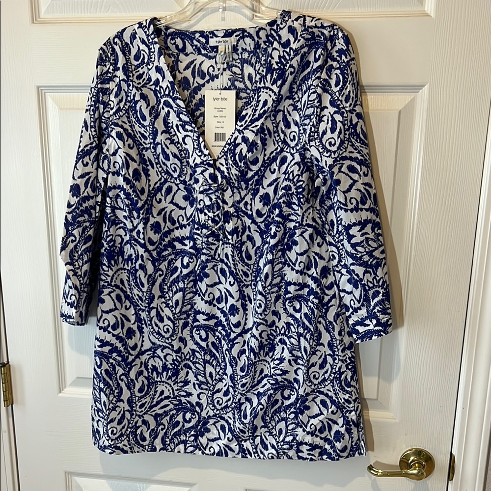NWT Tyler Boe Blue & White Paisley Women's Tunic Top, Sz‎ 14